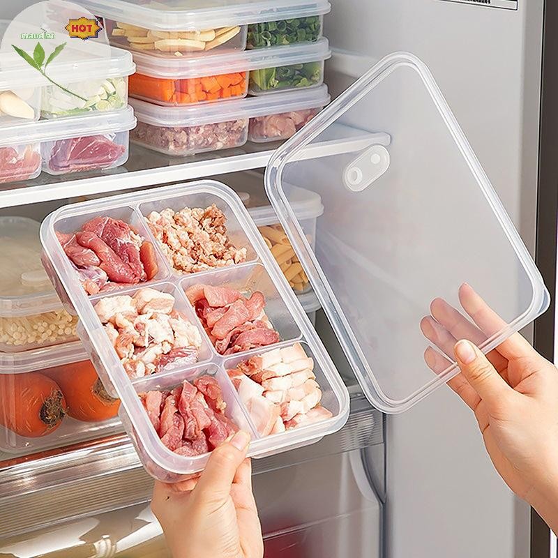 Mud 4/6-Grids ตู้เย็นปิดผนึก Fresh-Keeping กล่องพร้อมฝาปิดพลาสติกใสตู้แช่แข็งกล่องเก็บอาหารอาหารผลไม