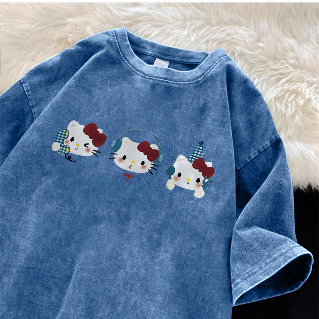 Pofloret เสื้อยืดฟอก ลายการ์ตูน oversize ผ้าฟอกวินเทจ น้ำเงิน สไตล์ฮิปฮอป เรโทร (รูปแบบการพิมพ์แมวคิตตี้น่ารัก) H001262