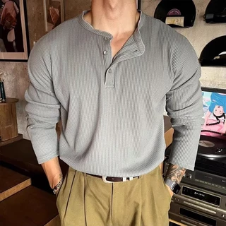 เสื้อ Henley สไตล์แคชวล เสื้อยืดแขนยาวทรงหลวม ระบายอากาศได้ดี เหมาะสำหรับสวมใส่ทุกวัน