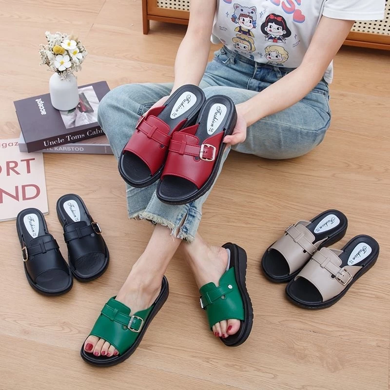 go🚚รองเท้าแตะผู้หญิง เสริมส้น ส้นแบน หนังPU เพิ่ม1เบอร์ แฟชั่น กันลื่น ใส่สบาย น้ำหนักเบา ราคาถูก A-075