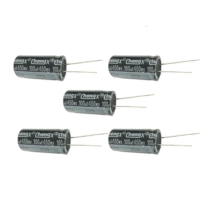 คาปาซิเตอร์ 100uF 450V 18X30mm +/-20% -25°ซี ถึง +105°C 5PCS อลูมิเนียม Electrolytic Capacitors,100M