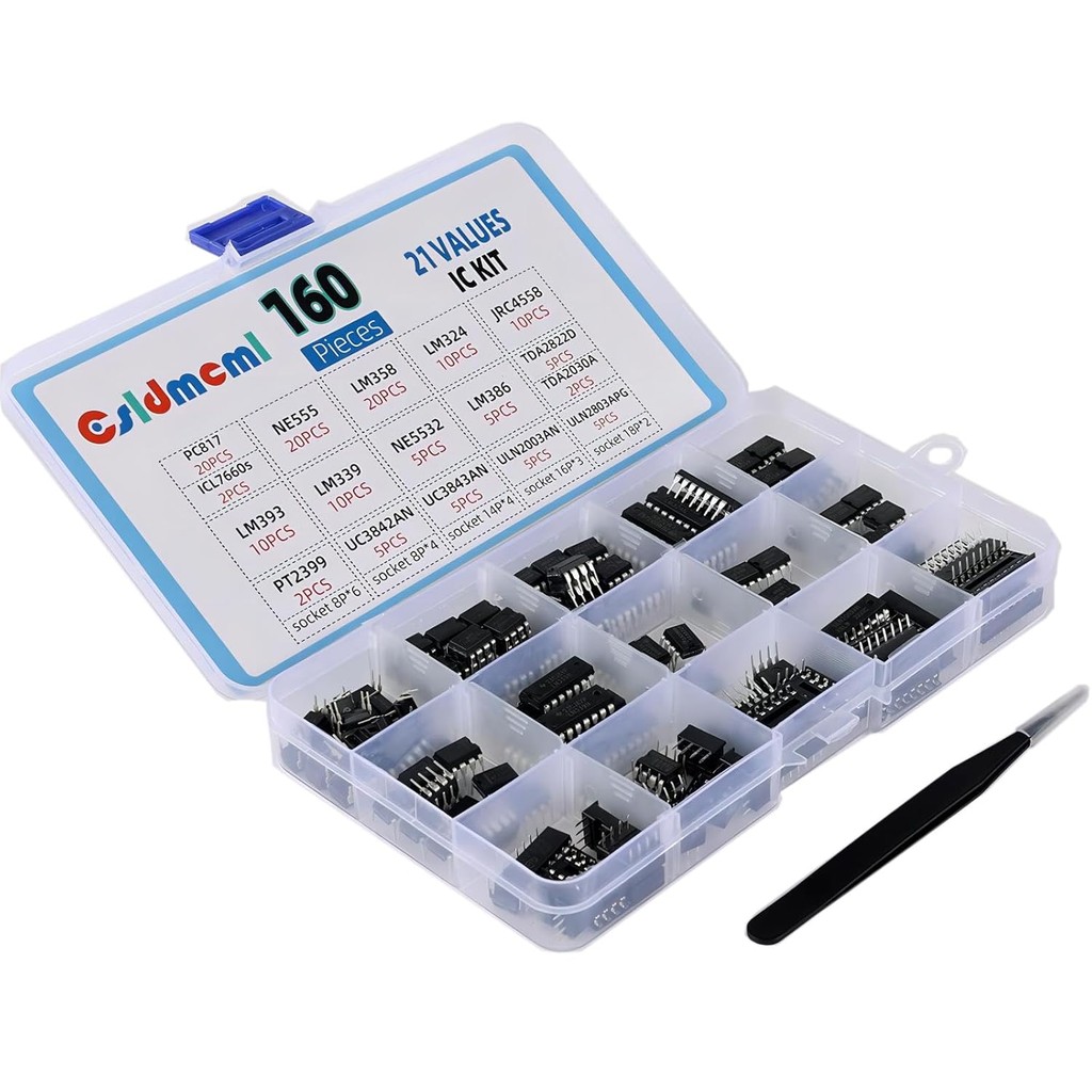 Csldmclm IC Chip Assortment 160 ชิ้น, opamp, osilator, pwm, PC817, ICL7660s,NE555,LM358LM324,JRC4558
