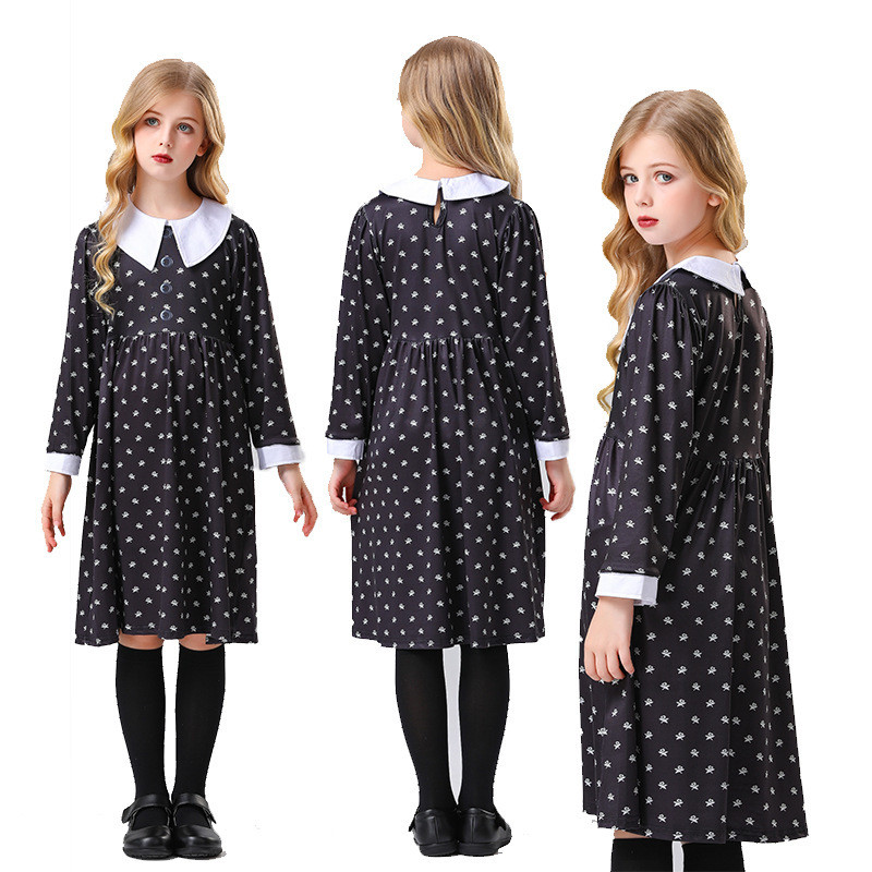 เดรสเด็กผู้หญิงลาย Wednesday The Addams Family ชุดกระโปรงจากผ้ากอซ/kgnv