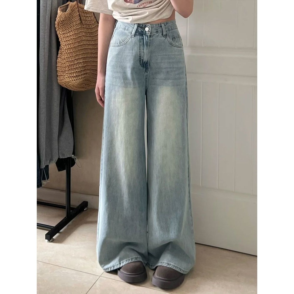 TAYCEN S-4XL(25-34) กางเกงยีนส์ผู้หญิง ไซส์ใหญ่  ผู้หญิงขนาดใหญ่เกาหลีผ้ายีนส์ เอวสูง ย้อนยุค เรียบๆขากว้างกางเกงยีนส์ขายาว กางเกงขายาว