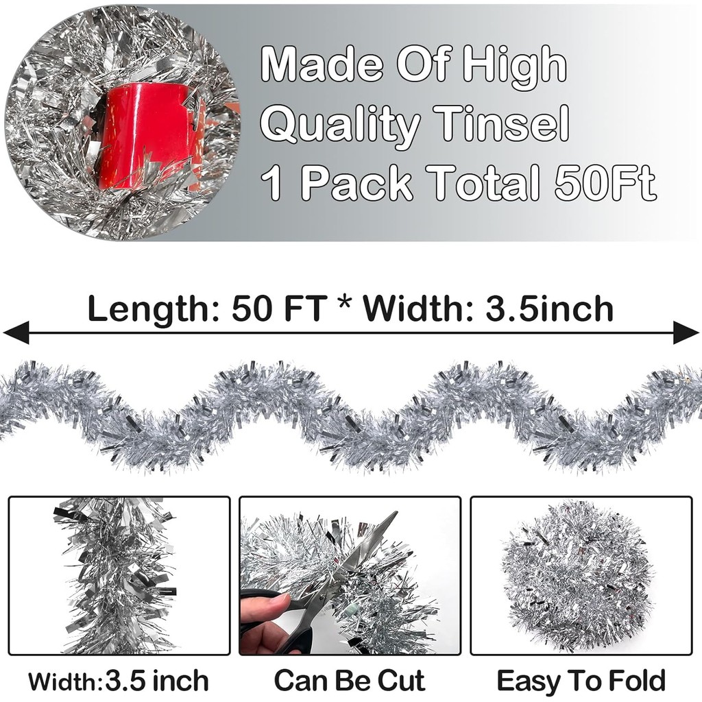 50FT Silver Christmas Tinsel Garland ตกแต่ง - โลหะ Tinsel Garland สําหรับต้นคริสต์มาส, Xmas Tree Dec