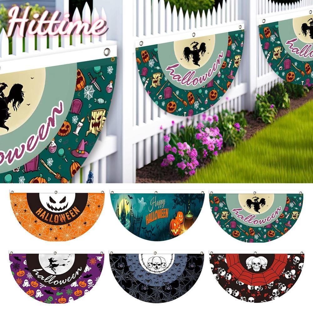 HITTIME แบนเนอร์ฮาโลวีนรูปพัดลม 45x90 ซม.โพลีเอสเตอร์ Spooky Party Courtyard รั้ว Porch Ghost ฟักทอง