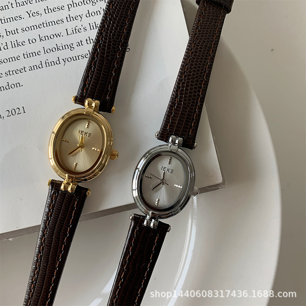 IEKE Oval Small Dial Strap Watch Ladies Niche Light Luxury Retro สไตล์เกาหลี All-Match Small