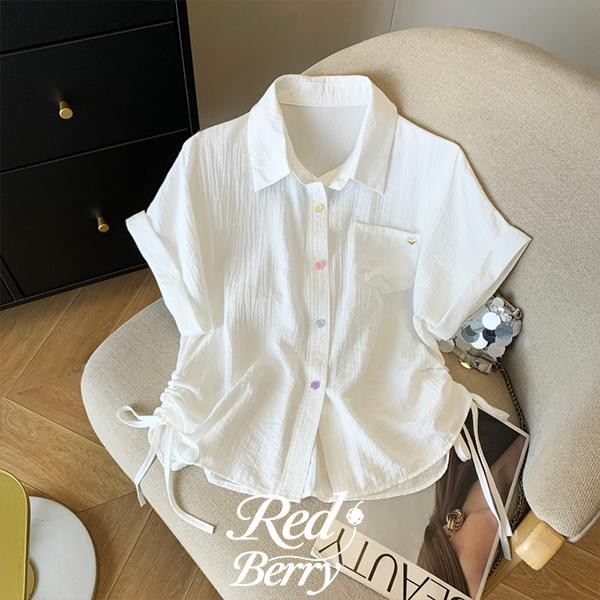 Red Berryเสื้อเชิ้ตแขนสั้นสไตล์เกาหลี ทรงลำลอง เชือกผูกสั้นอเนกประสงค์99177