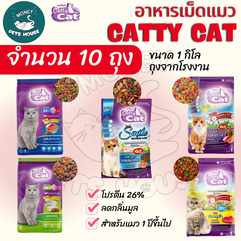 [[จำนวน 10 ถุง]]n อาหารแมว catty cat โปรตีน26% ขนาด1กิโลกรัม*ถุงจากโรงงาน*#FT