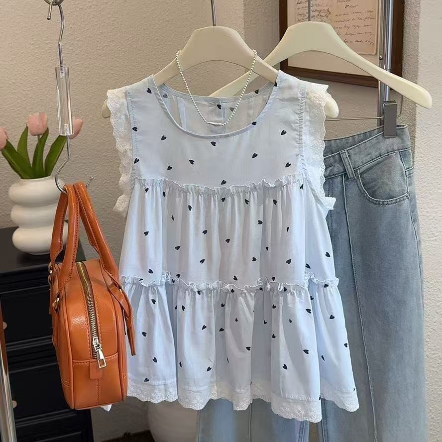 S Silas Shop เสื้อฤดูร้อนแขนกุดลูกไม้บวกขนาดพอดีหลวมสุภาพสตรีเกาหลีเสื้อสั้นสำหรับผู้หญิง