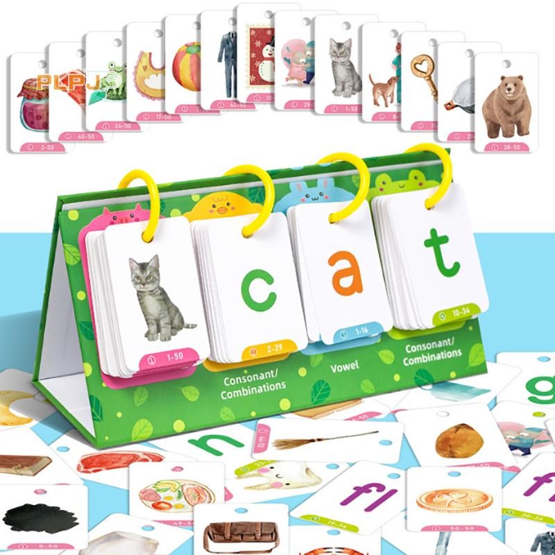PLPJ เด็ก CVC Words Flashcards Phonics พลิกแผนภูมิ Word Builder Sight Words กิจกรรมการเรียนรู้เครื่อ