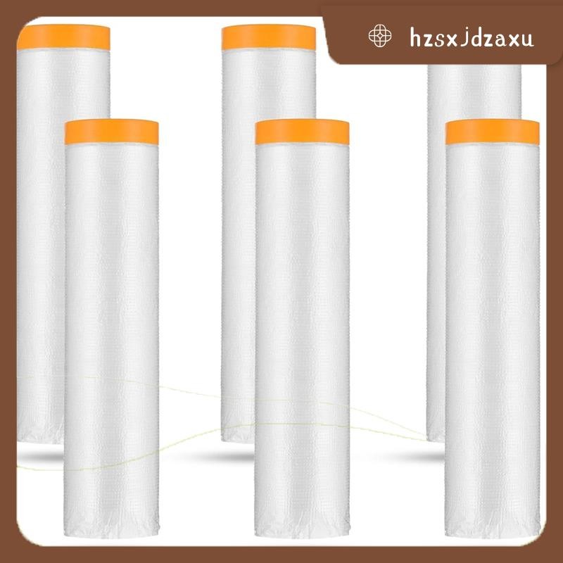 hzsxjdzaxu6 Rolls Painters Plastic with Tape, Pre-Taped Masking Film, Automotive Best Tape and Curta