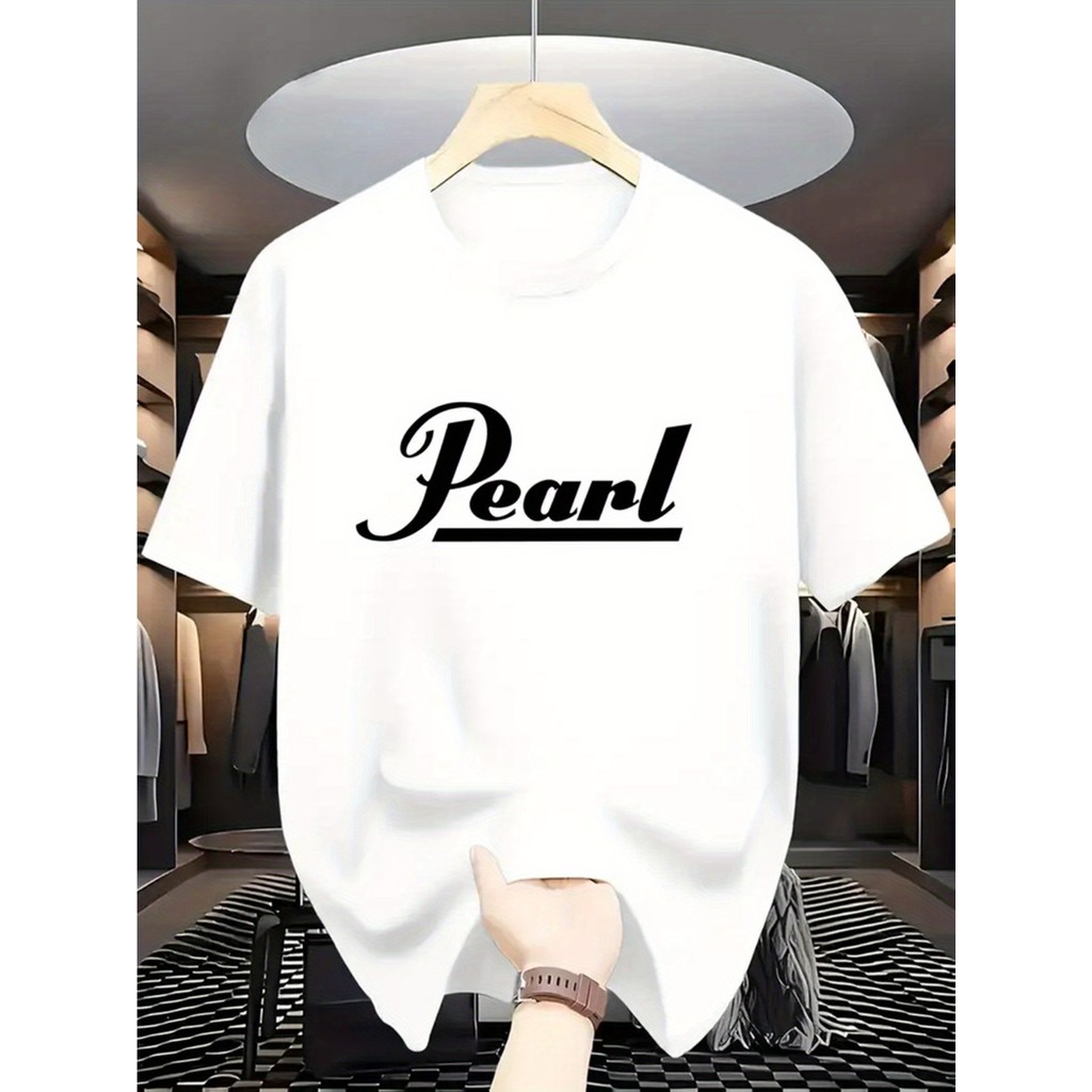 เสื้อยืดลายกราฟฟิกมุกผู้ชายระบายอากาศแห้งเร็วฤดูร้อน Tee ตัวหนาสีดำพิมพ์ลำลองคอลูกเรือ