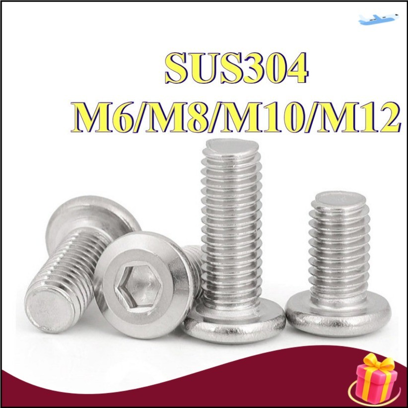 สกรูหัวแบนใหญ่รูปหกเหลี่ยมใน สแตนเลส 304 M6-M12 ติดตั้งเรียบ สำหรับเครื่องจักรและเฟอร์นิเจอร์