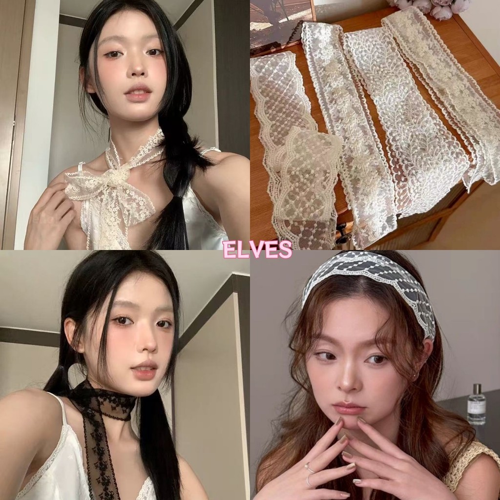 Elves พร้อมส่ง💟ริบบิ้นยาวผ่านุ่มนิ่ม ลวดลายลูกไม้ สไตล์สาวเกาหลี"VO-49"