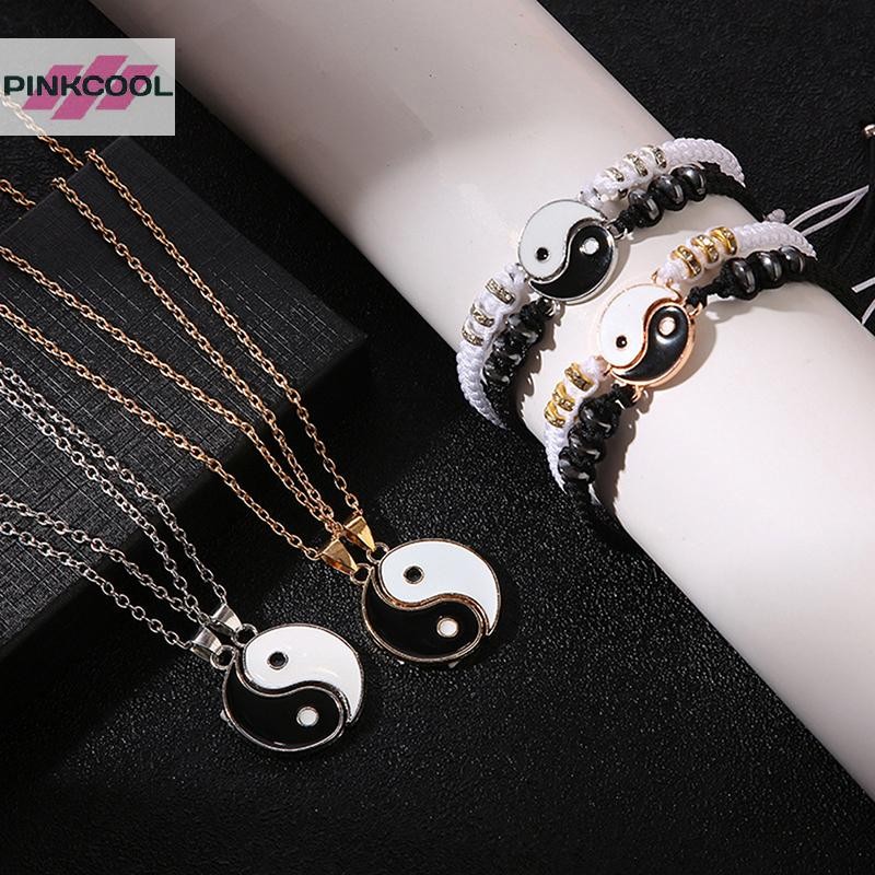Pinkcool Tai Chi Yin Yang Bracelet Set สร้อยข้อมือและสร้อยคอมินิแบบปรับได้ เหมาะสำหรับคนรักแฟชัน