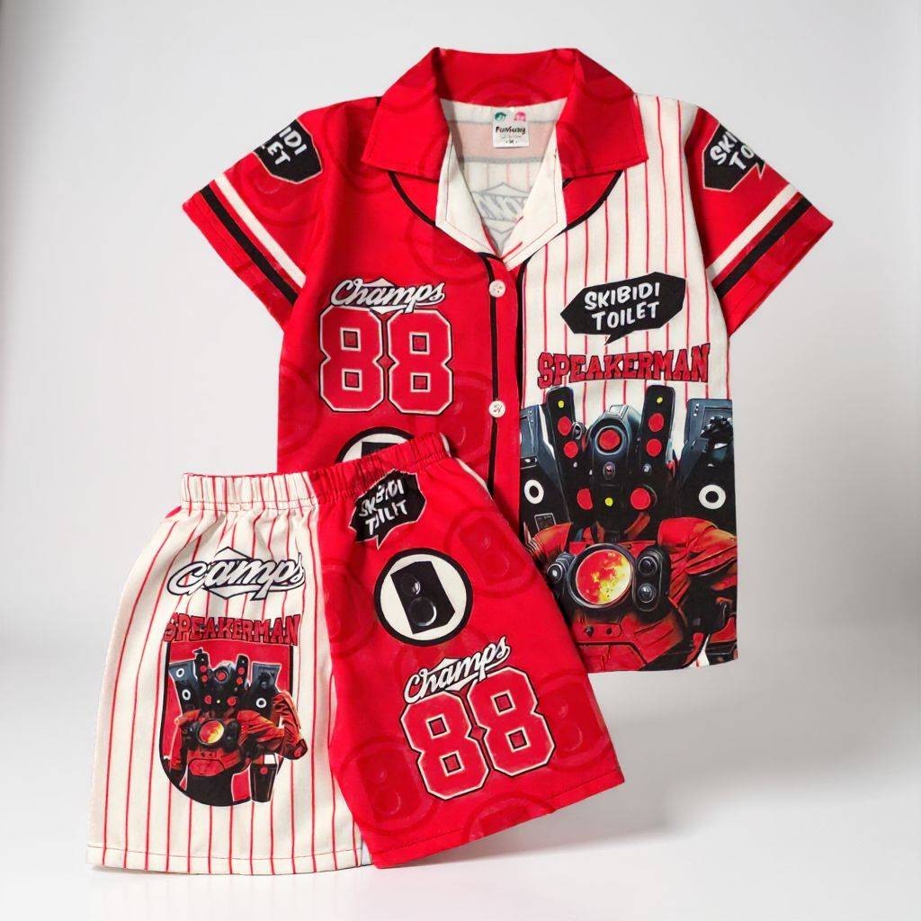 (H948#6) ชุดเด็ก เซ็ตเสื้อฮาวาย+กางเกงขาสั้น ผ้าไหมอิตาลี ลายสกิบิดี้ สปีกเกอร์แมน เสื้อผ้าเด็กลายการ์ตูน ชุดเที่ยวทะเล