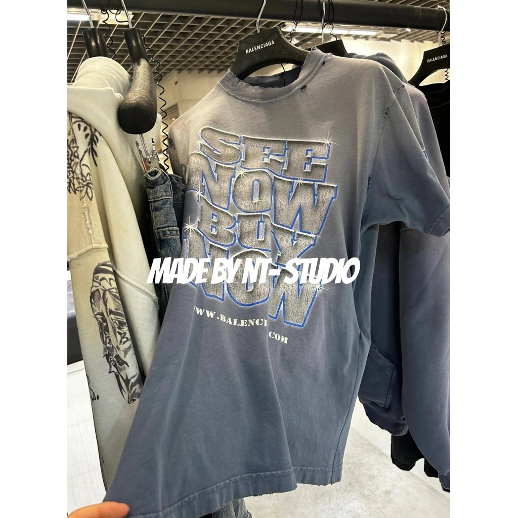 SS24 ฤดูใบไม้ผลิฤดูร้อนสไตล์ใหม่ BLCG S NOWBUY NRICH Distressed ล้าง Ripped 3D เพชรผ้าฝ้ายแขนสั้น St