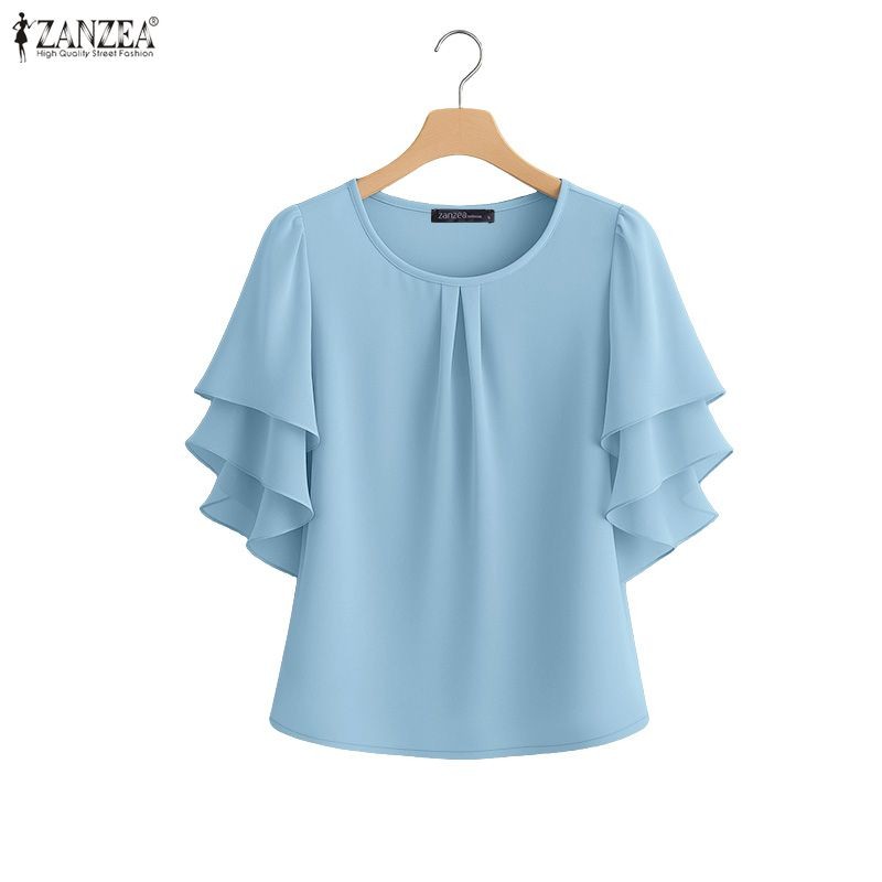 ZANZEA ผู้หญิงเกาหลีอารมณ์รอบคอ Multi-Layered Ruffles ออกแบบจีบเสื้อชีฟอง