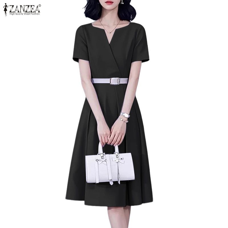 ZANZEA ชุดลำลองสไตล์เกาหลีสำหรับผู้หญิง ออกแบบคอวีเอียงด้านหน้า แขนสั้น พับเอว สีทึบ