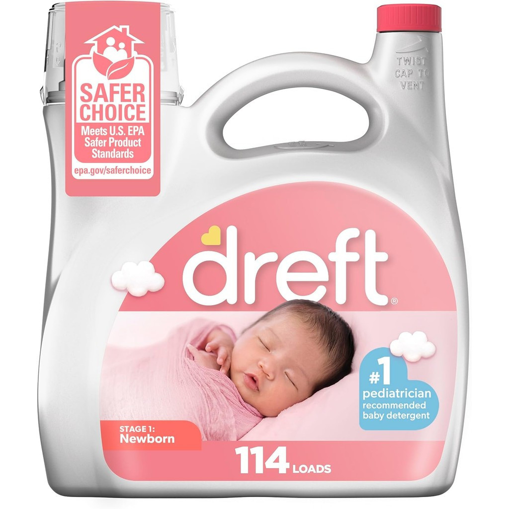 Dreft Stage 1 Newborn Baby Laundry Detergent Liquid, HE Compatible, 114 Loads, Laundry Soap for Sens