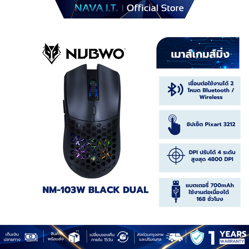 NUBWO NM-103W BLACK DUAL MODE GAMING MOUSE มีไฟ RGB ปรับ DPI ได้ รับประกัน 1ปี