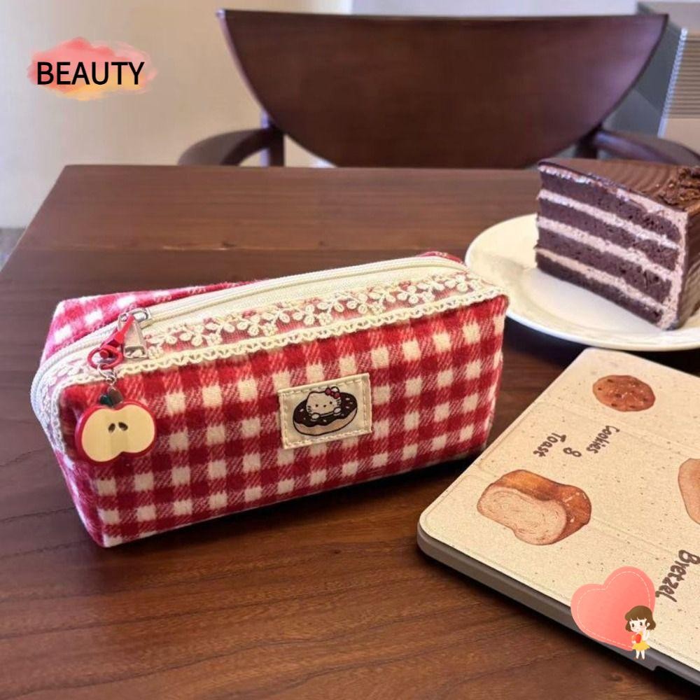 ความงาม กระเป๋าปากกา,สีแดงตาหมากรุกความจุขนาดใหญ่ดินสอ, น่ารัก กับ การเยื้องการ์ตูน สวัสดี คิตตี้ เครื่องเขียนออแกไนเซอร์นัก