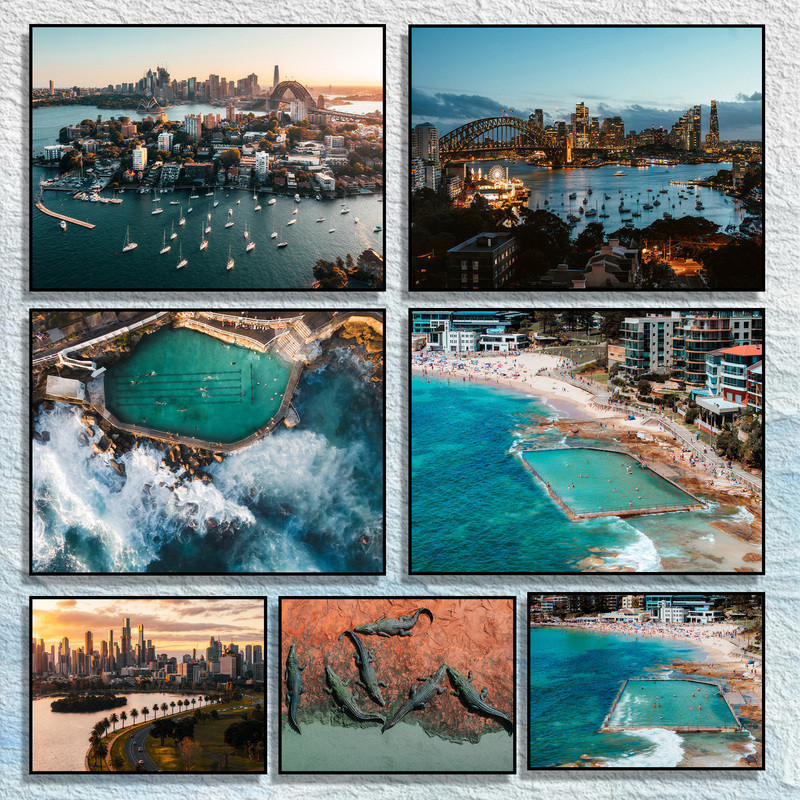 ภาพศิลปะฝาผนัง Sydney Harbour – ภาพถ่ายมุมสูงของ Sydney Harbour และ Opera House, โปสเตอร์เพื่อการตกแ