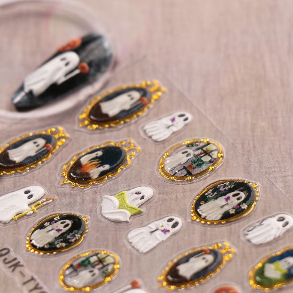 HAMA NAIL 5D นูนเล็บสติกเกอร์ขายส่งน่ารักการ์ตูนฮาโลวีนประณีต Little Ghost ฟักทองภาษาฝรั่งเศสคําตกแต่งเล็บทองนูนสติกเกอร์น้ํามัน Decals Holiday เล็บ - รูปที่ 6