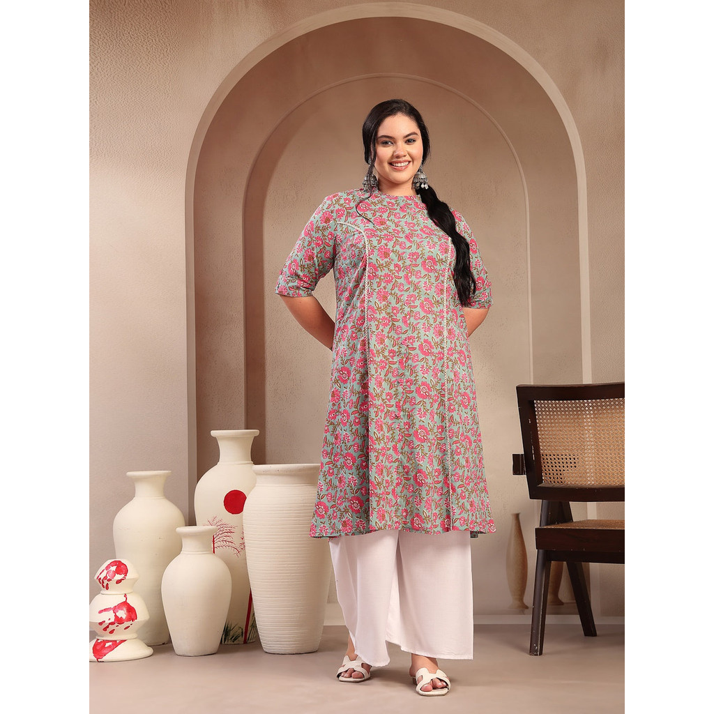 3XL - 6XL Indian Kurti พร้อมกางเกงและ duptta Long Short Women Kurtis Kurta Tunic Top Blouse Plus Set