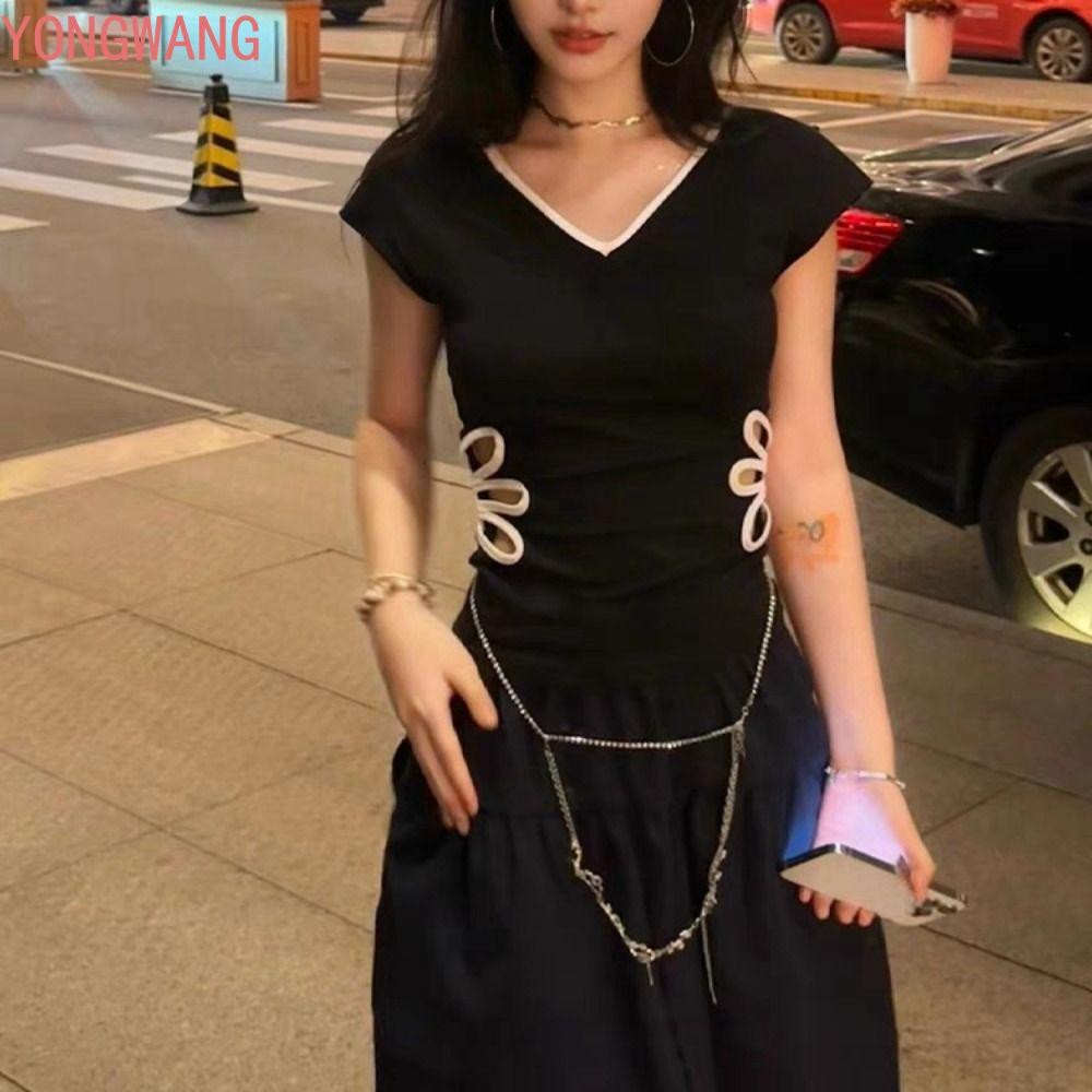 YONGWANG66ZX เสื้อยืดแขนสั้น, Sweet Slim Fit V คอ T เสื้อ, Soft Vintage Hollow ดอกไม้ Chic แขนกุด Cr