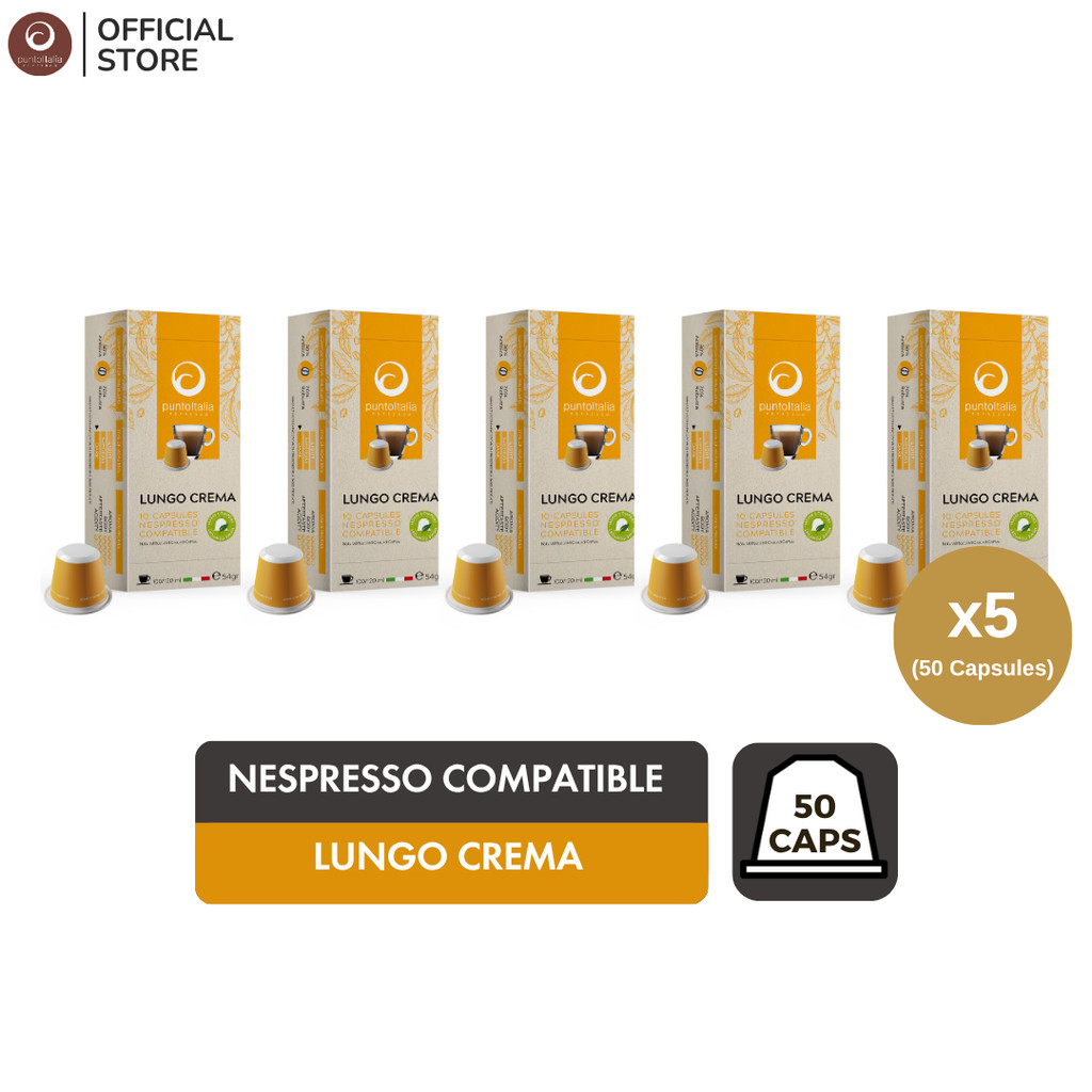 (เซ็ต 5 กล่อง x10 แคปซูล) Punto Italia Espresso กาแฟแคปซูล LUNGO CREMA สำหรับ Nespresso®