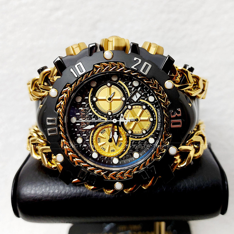 Invicta Gladiator Invicta Gladiator สามตาสีดําทองหน้าปัดขนาดใหญ่บานพับควอตซ์นาฬิกาผู้ชาย
