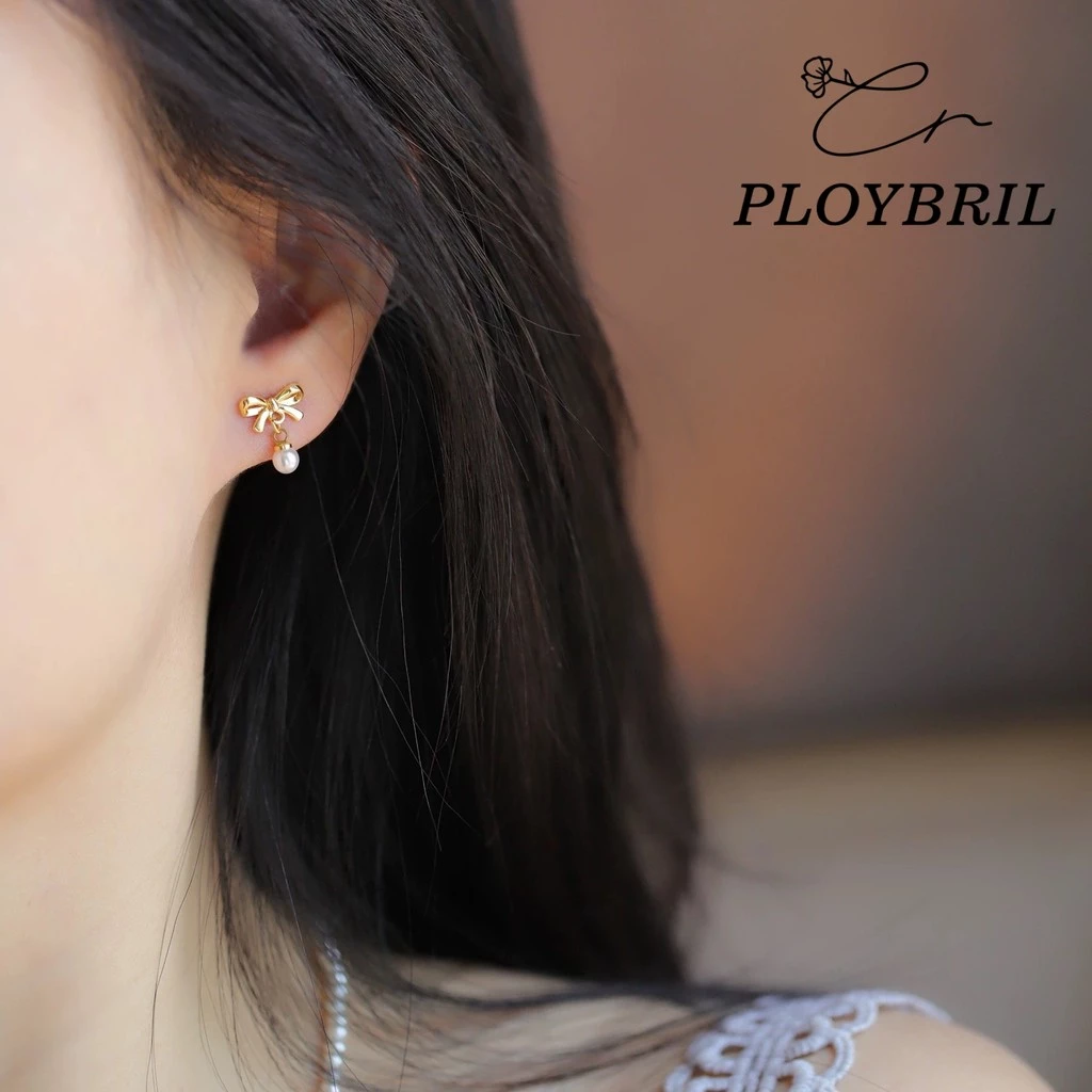 PLOYBRIL จี้ไข่มุกลายโบว์ดีไซน์เรียบง่ายทันสมัย เหมาะสำหรับผู้หญิงที่ต้องการความหรูหราและมีสไตล์ในต่างหู E094