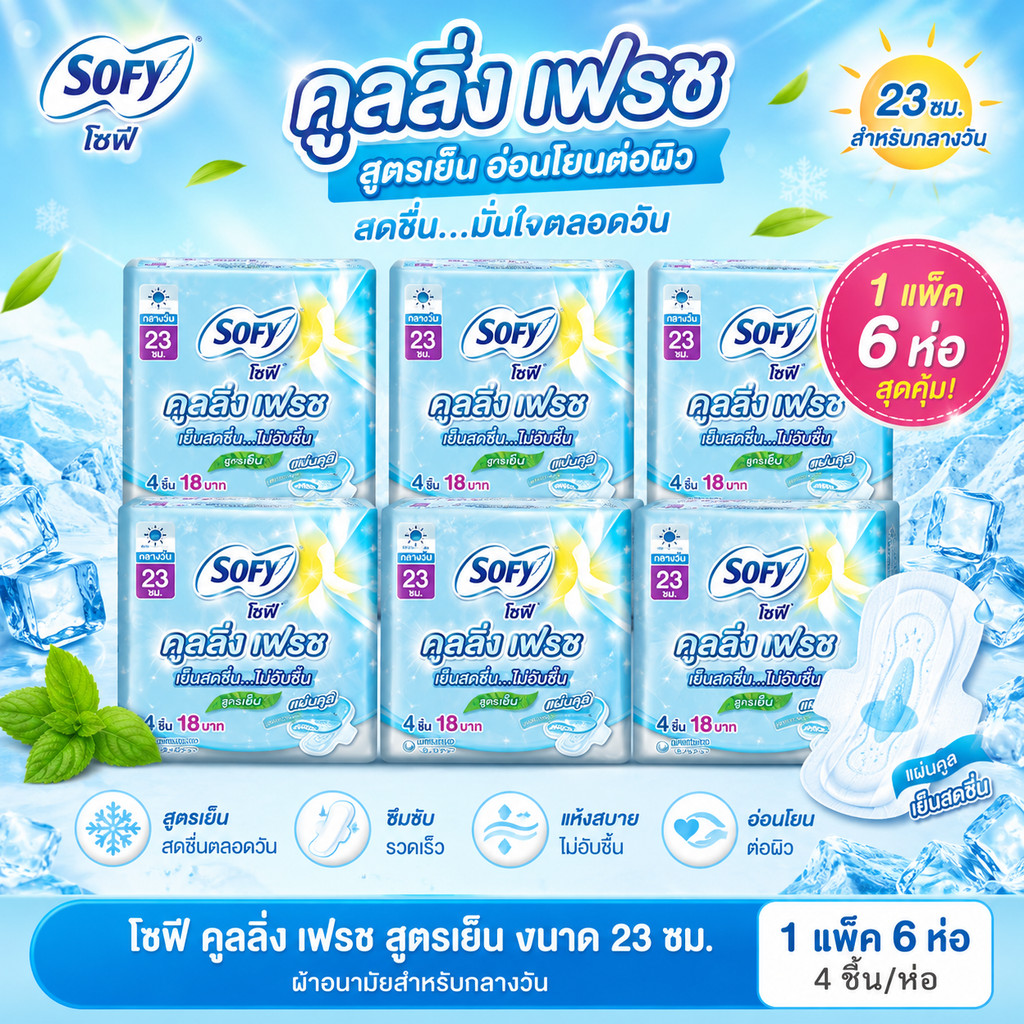 Sofy โซฟี Cooling Fresh สูตรเย็น 23 ซม มีปีก 6 ห่อ แพ็คคุ้ม พร้อมส่ง