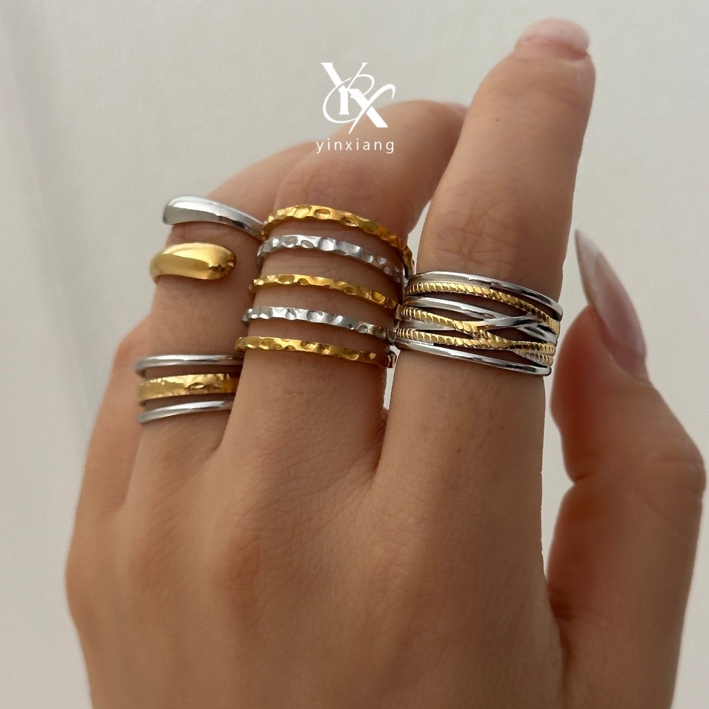 YX Vintage สแตนเลสทูโทนทอง Water Drop แหวนผู้หญิง Y2K ความงาม Retro Party เครื่องประดับของขวัญ Cool อุปกรณ์เสริม Street เสื้อผ้า