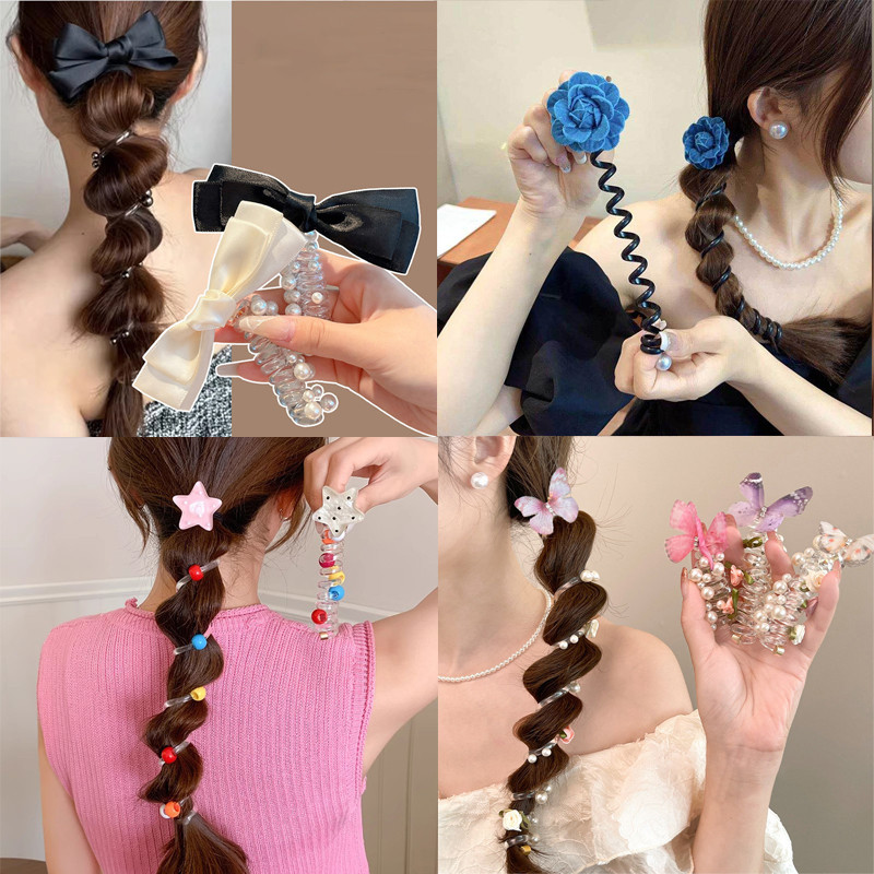 Coil Hair Tie Scrunchies ดอกไม้โบว์ถักสายโทรศัพท์ แหวนผมแฟชั่น เครื่องประดับผม