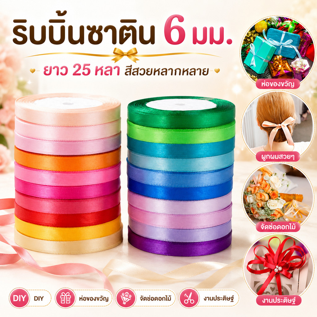 🎀 ริบบิ้นซาติน 6 มม. 25 หลา สีสวยหลากหลาย งานตกแต่ง DIY พร้อมส่ง