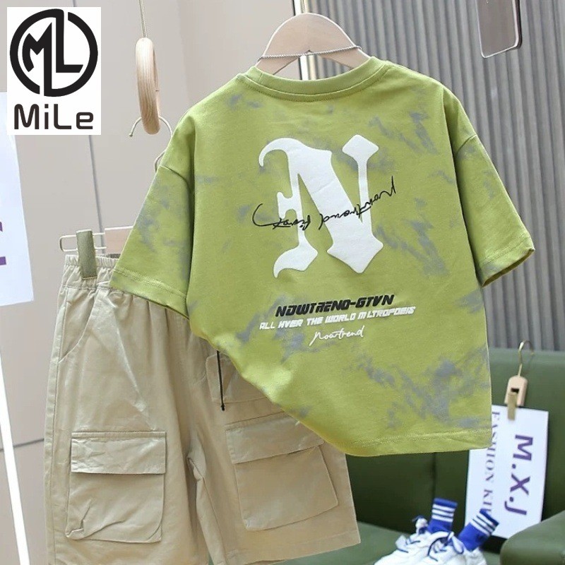 [ML] 80-180CM Boys ฤดูร้อนแขนสั้นสไตล์ใหม่แฟชั่นอินเทรนด์ Tie-Dye Influencer เสื้อผ้าเด็กฤดูร้อนเสื้อผ้า Cool หล่อเสื้อผ้าเด็ก