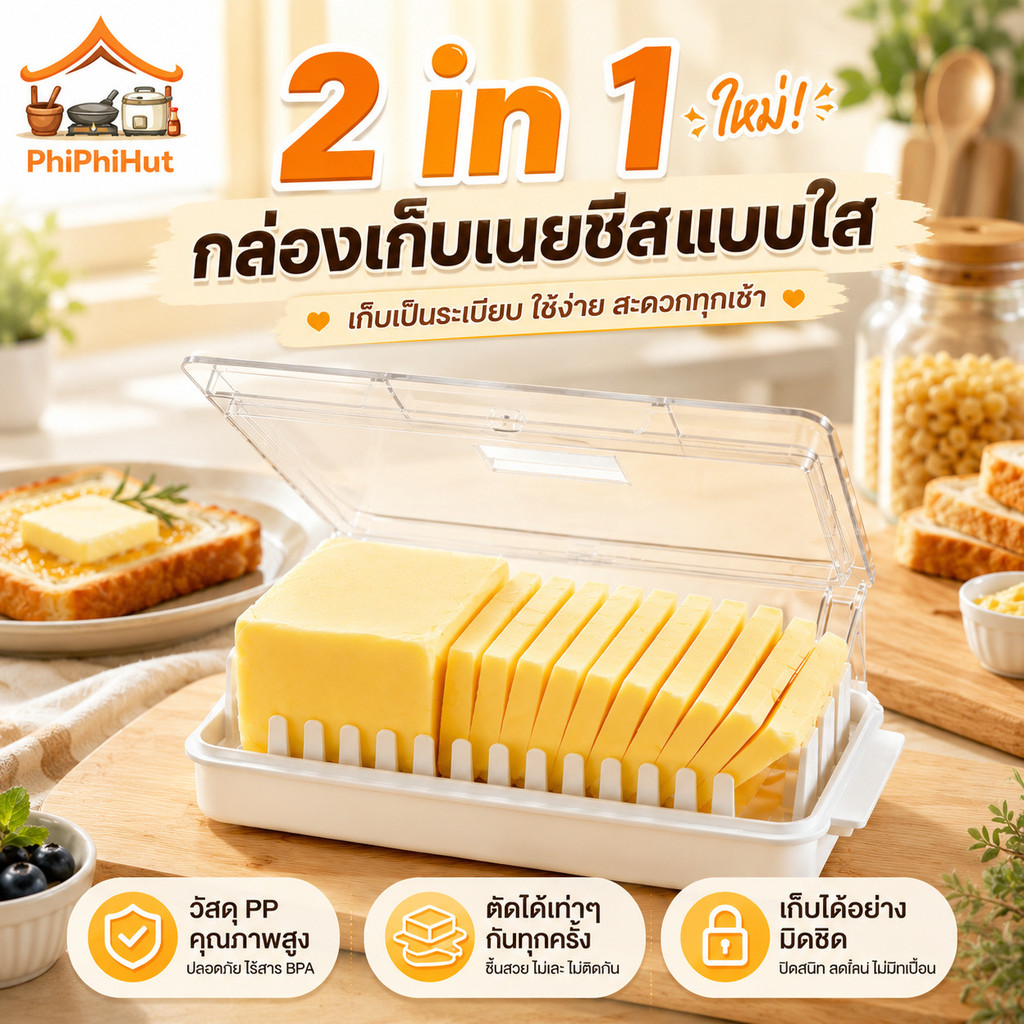 PPH 2 in 1 กล่องเก็บเนยชีส แบบใส กล่องตัดและเก็บเนย และชีส กล่องตัดเนย อเนกประสงค์