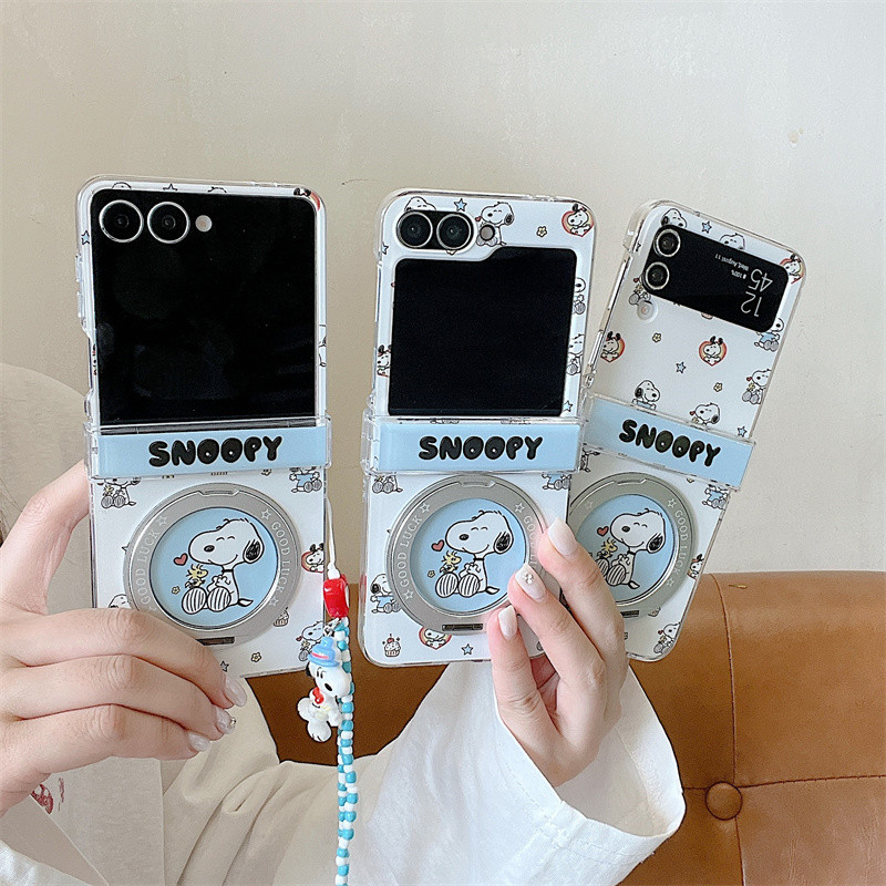 น่ารัก Snoopy Magnetic 360 หมุน Kickstand Lanyard เคสโทรศัพท์สําหรับ Samsung Galaxy Z Flip 8 7 6 5 4 ฝาครอบ