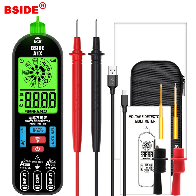 BSIDE A1X ชาร์จ USB ดิจิตอลสมาร์ทมัลติมิเตอร์ True RMS DC AC แรงดันไฟฟ้าเครื่องทดสอบความจุ Ohm Hz ได