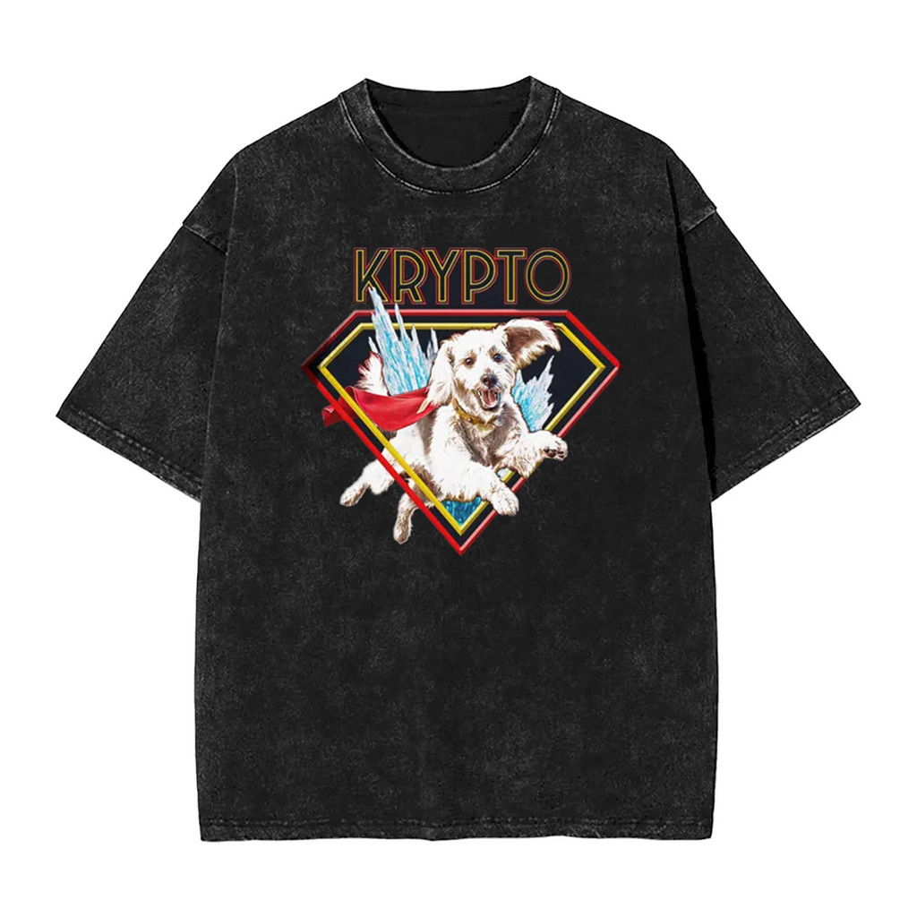DC Supergirl Krypto Superdog Graphic Print Mens Heavyweight 100% Washed Cotton Oversize Distressed S