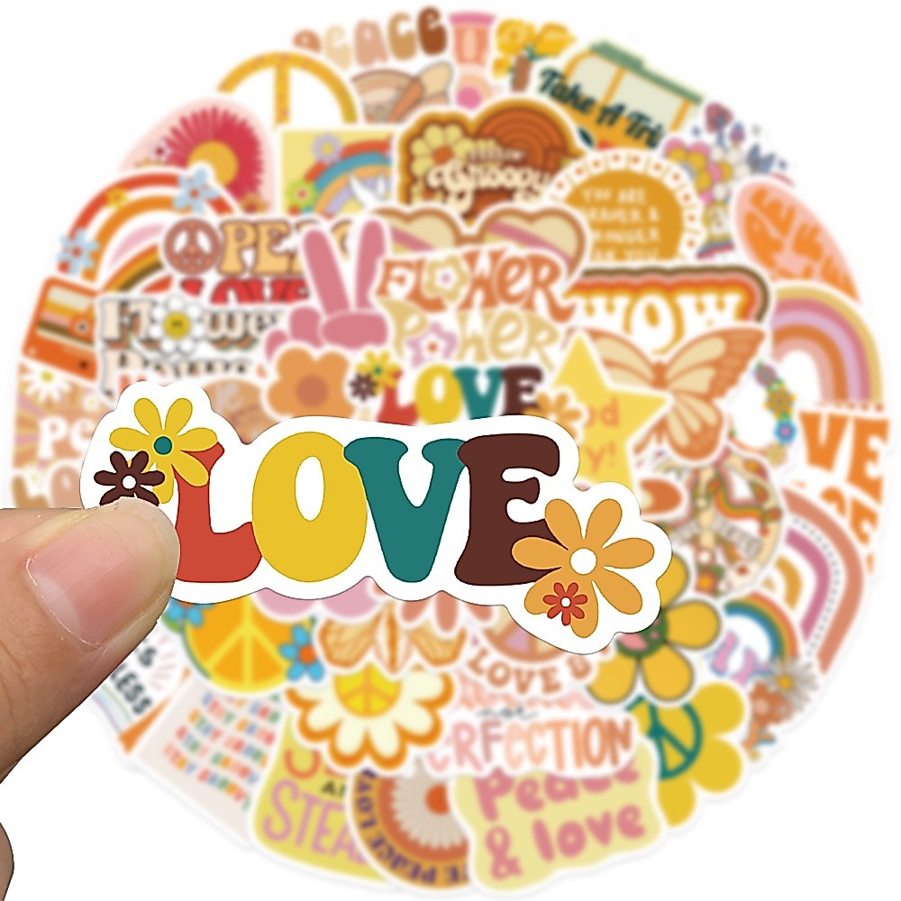 ✨พร้อมส่ง✨Groovy Boho Hippie INS sticker LOVE PEACE สไตล์สยองขวัญ ติดสเก็ตบอร์ด 50ชิ้น