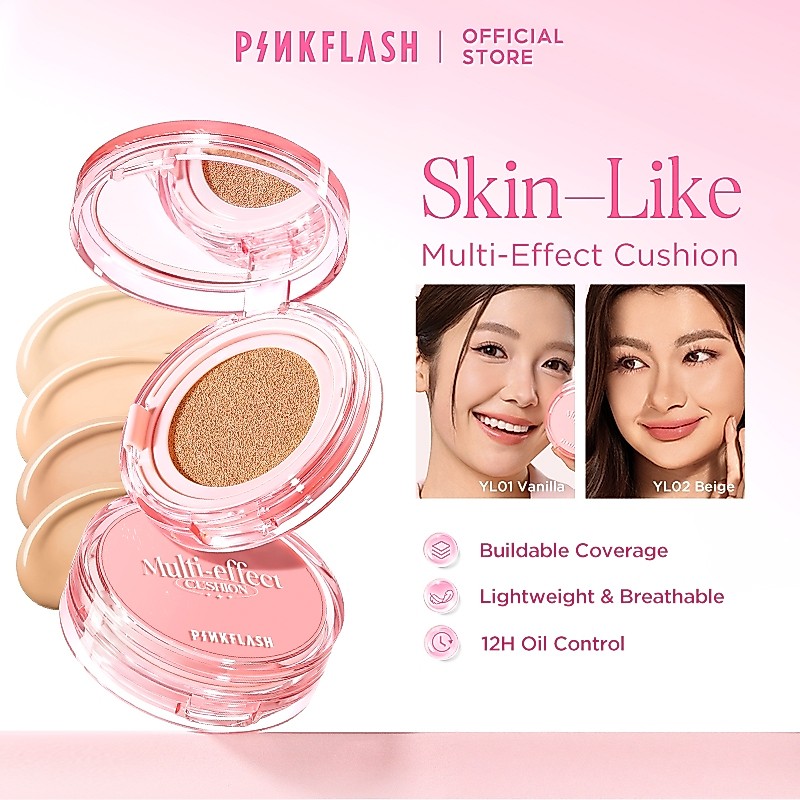 PINKFLASH Skin-Like Multi-Effect Cushion Lasting 12H กันน้ํา Transferproof น้ําหนักเบา Breathable สร้างความคุ้มครอง Skin-Love ส่วนผสม