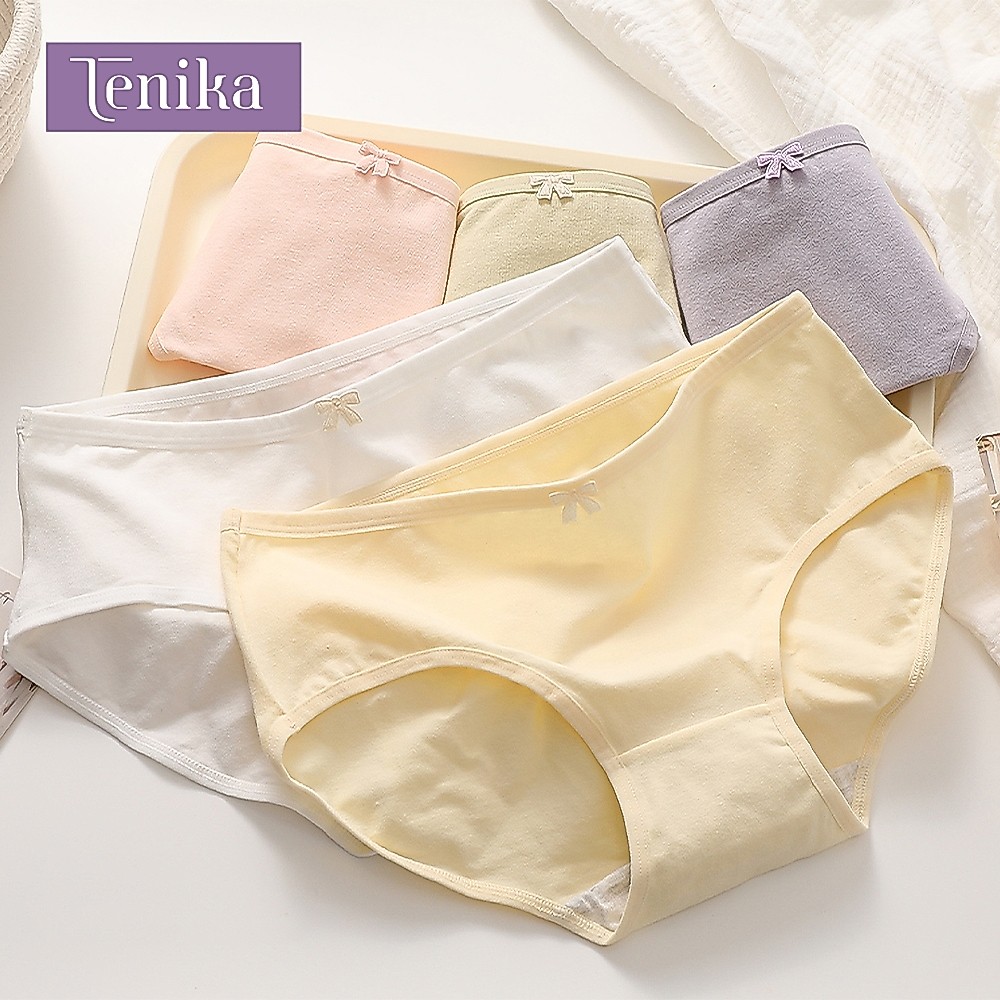 TENIKA กางเกงในผู้หญิง ฝ้าย เอวกลาง สีทึบ ผ้านิ่มใส่สบาย ระบายอากาศได้ดี Panties กางเกงในไร้ขอบ