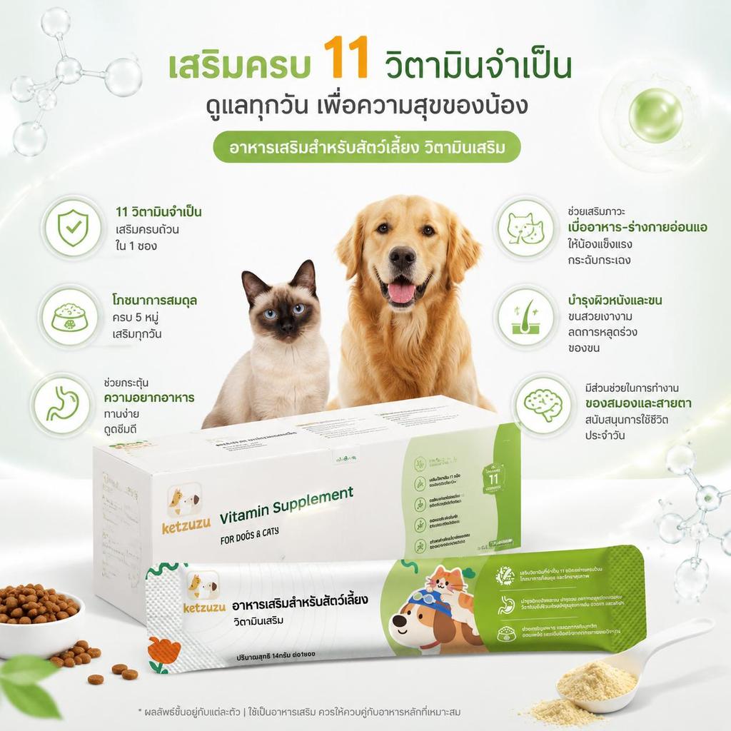 Ketzuzu 12/24 แพ็ค อาหารเสริมแมว อาหารเสริมสุนัข วิตามินรวม ช่วยสัตว์เลี้ยงสดใสและแข็งแรง 14g