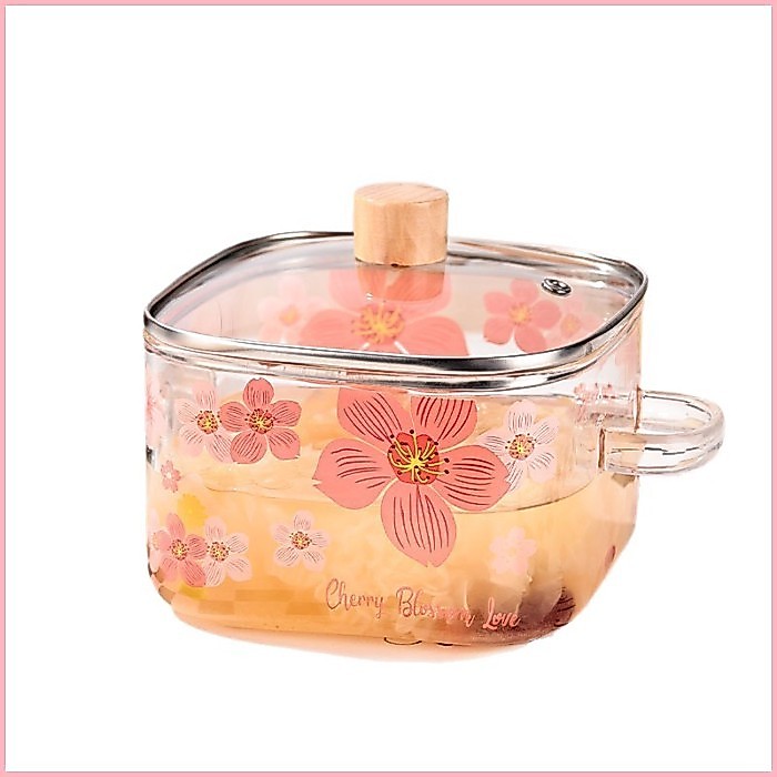 หนาสูง Borosilicate Cherry Blossom หม้อแก้วสองหูเตาไฟฟ้าเตาเซรามิกความร้อนบะหมี่กึ่งสําเร็จรูปซุป Po