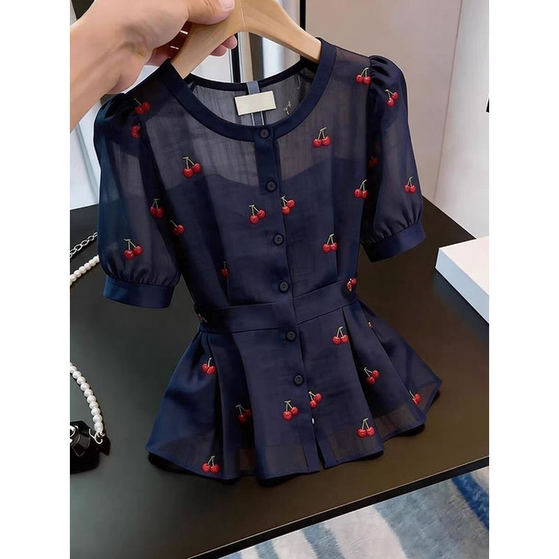 2026 Chic Very Fairy Top สวยลดอายุสไตล์ตะวันตก Navy Blue