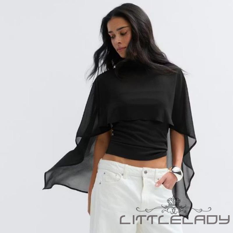 LTL-ผู้หญิง 2 In 1 ชีฟอง Cape Mock คอด้านหลัง Cutout Layered Sheer Cape Sleeve Slim Crop เสื้อสําหรับทุกวัน